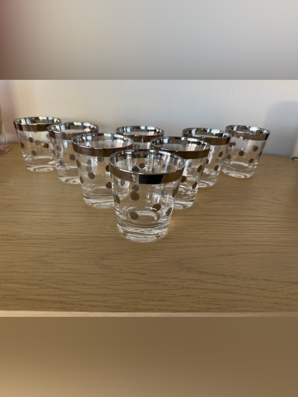 Set of 8 mid century Clear Glasses with Silver Dots and Rim
